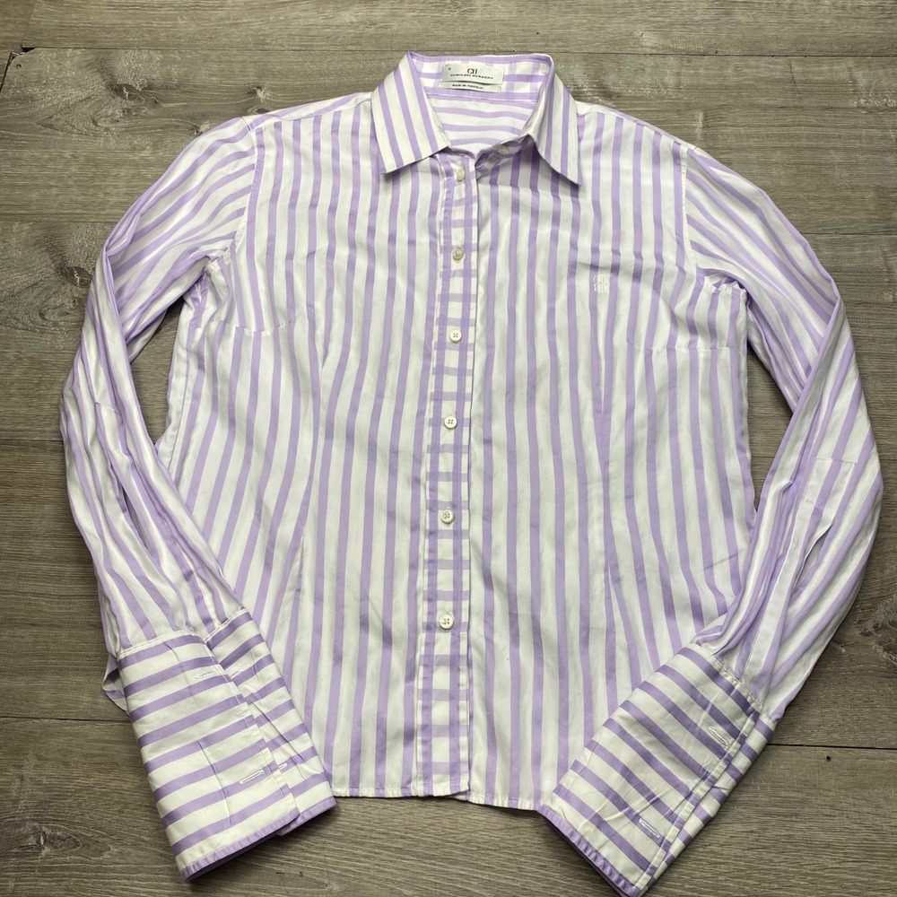 Carolina Herrera Button Down Shirt Womens 16 Purple Striped French Cuff Office